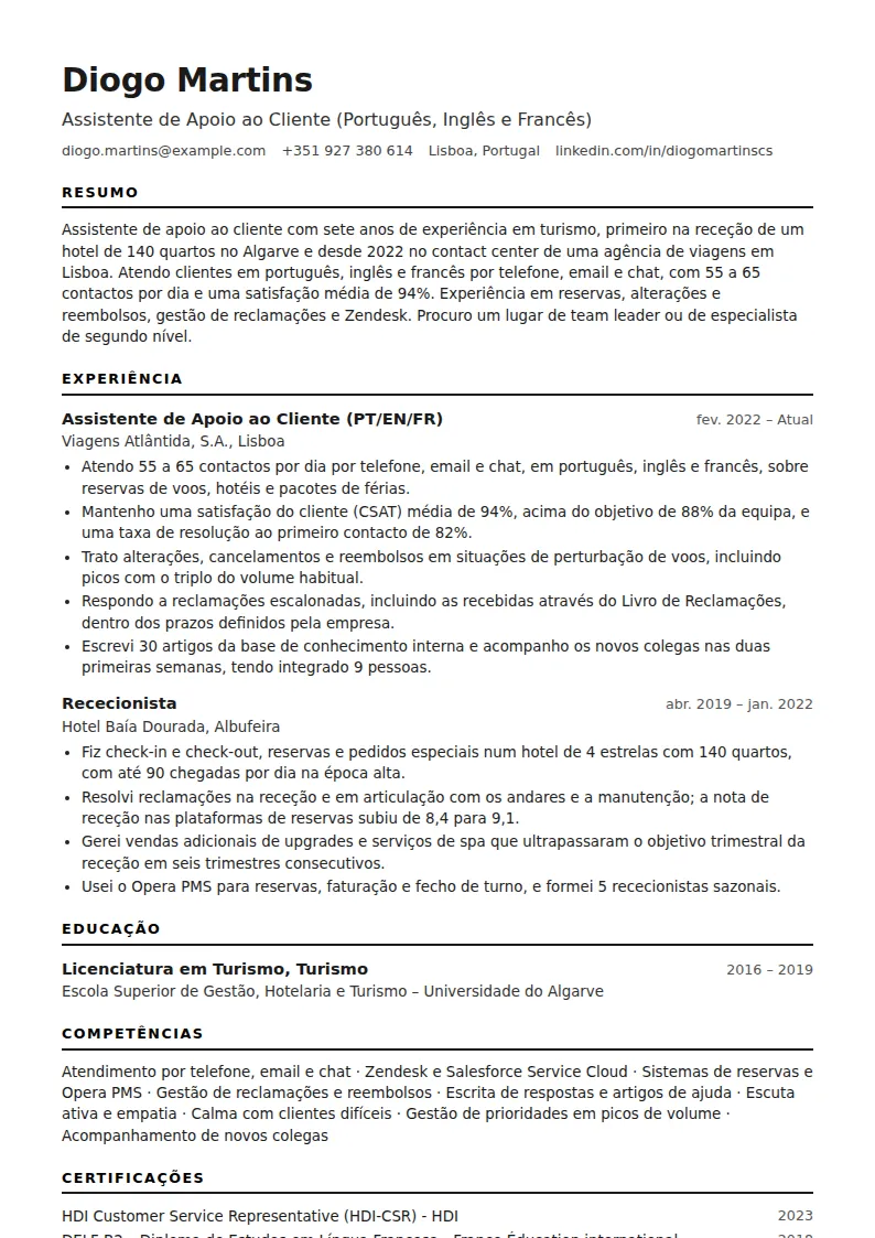 Exemplo de CV de assistente de apoio ao cliente