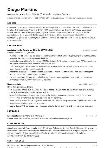 Exemplo de CV de assistente de apoio ao cliente