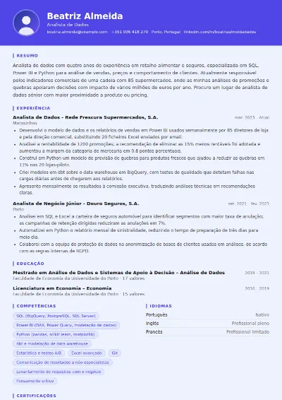 Exemplo de CV de analista de dados