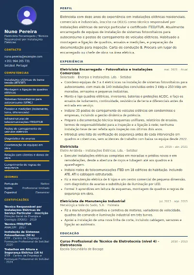 Exemplo de CV de eletricista