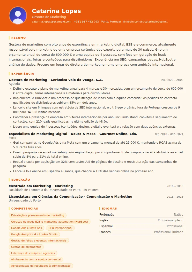 Exemplo de CV de gestor de marketing