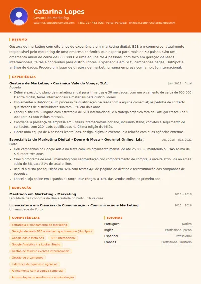 Exemplo de CV de gestor de marketing
