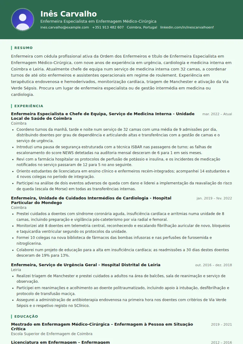 Exemplo de CV de enfermeiro