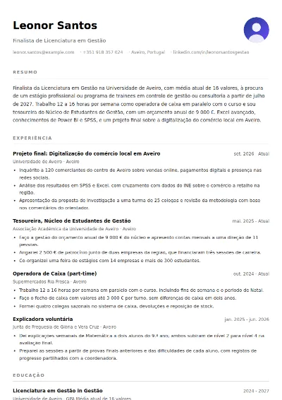 Exemplo de CV de estudante (sem experiência)