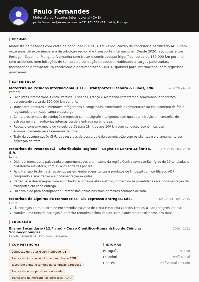 Exemplo de CV de motorista de pesados