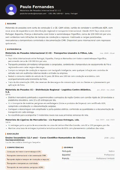 Exemplo de CV de motorista de pesados