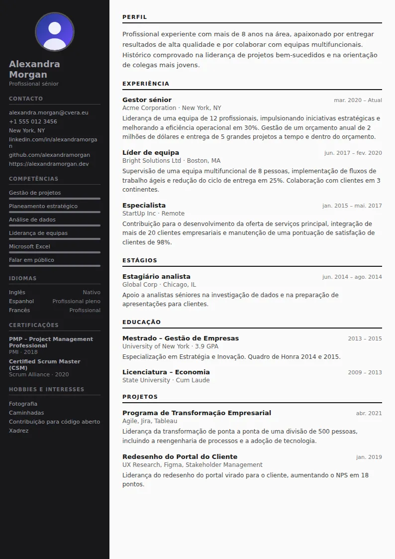 Modelo de CV Photographer