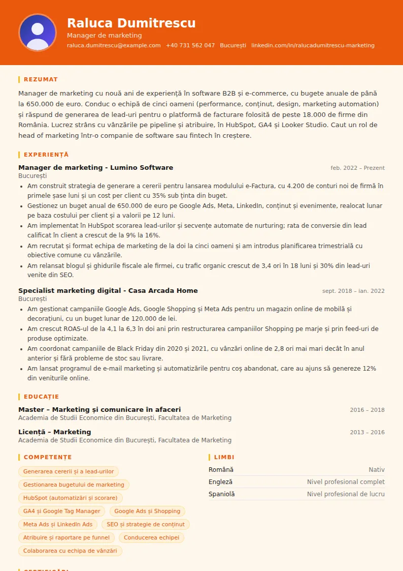 Model CV manager de marketing