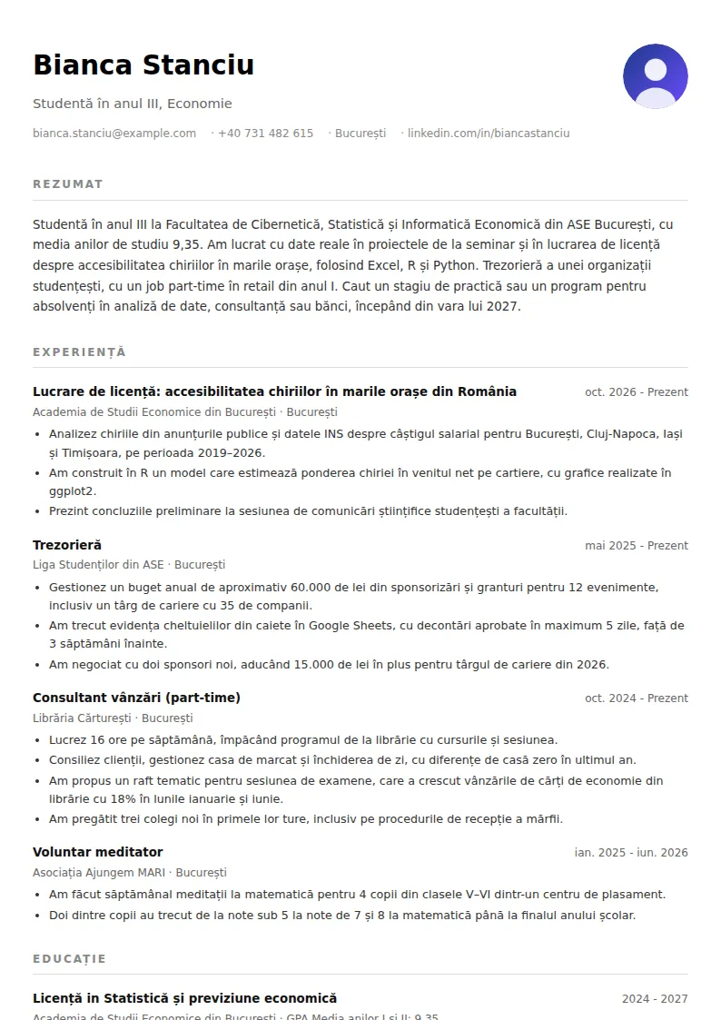 Model CV student fără experiență
