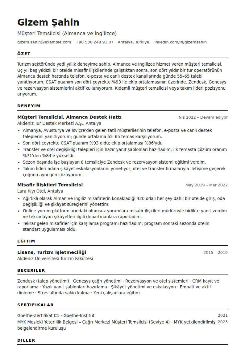 Müşteri Temsilcisi CV Örneği