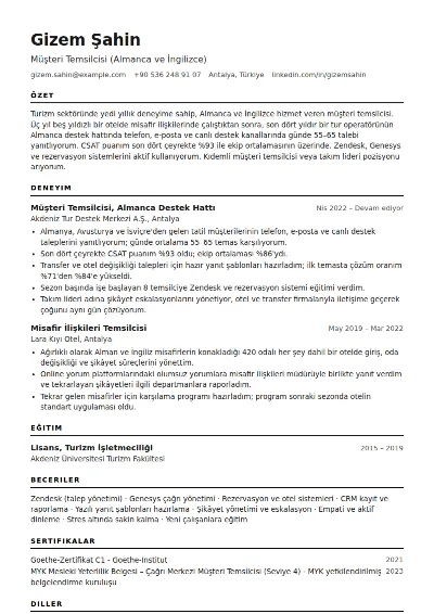 Müşteri Temsilcisi CV Örneği