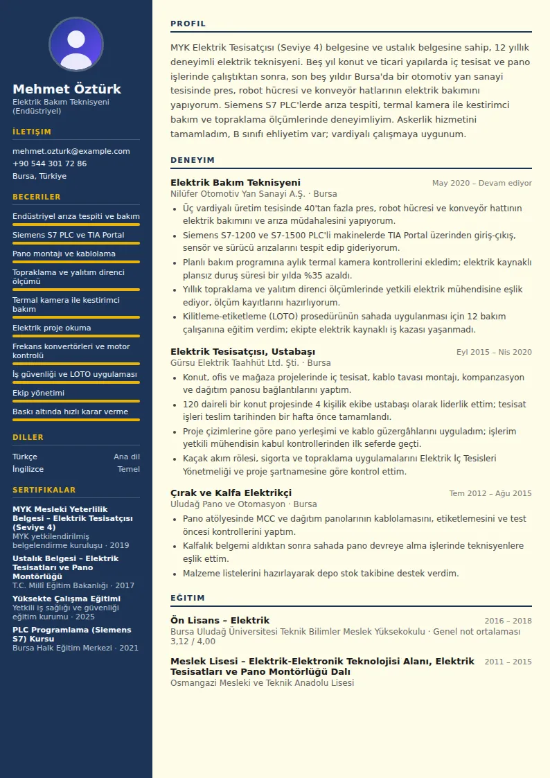 Elektrikçi CV Örneği