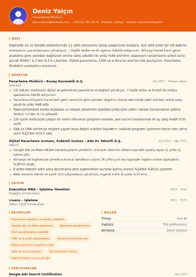 Pazarlama Müdürü CV Örneği