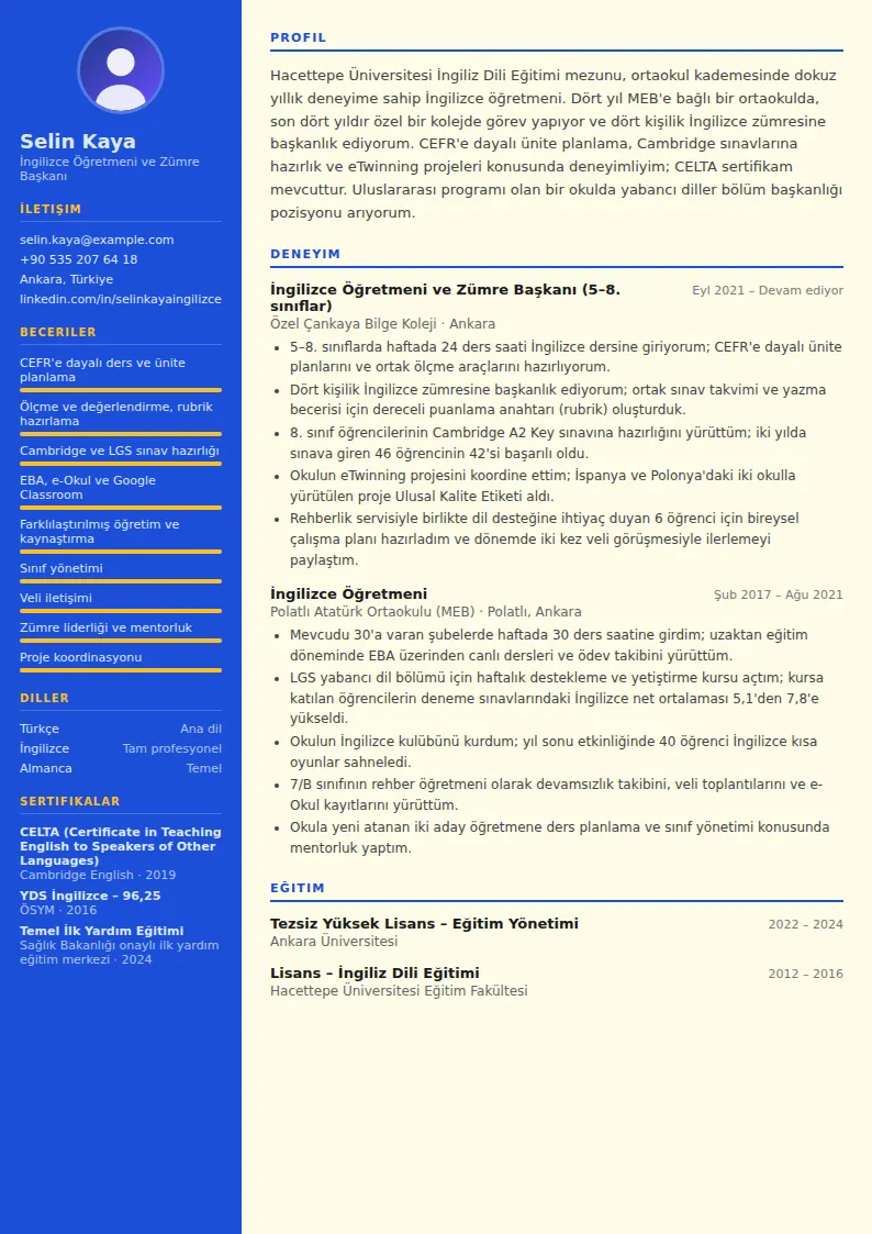 Öğretmen CV Örneği